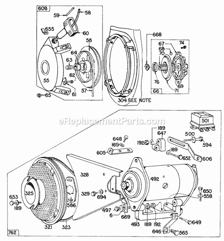 Electric StarterRewind Diagram and Parts List for 200431-0199-99  Briggs and Stratton Engine
